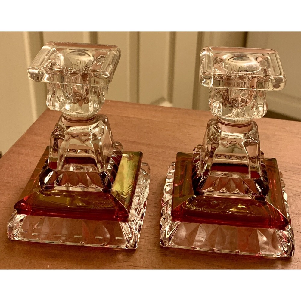 Set Of 2 Vintage Westmoreland‎ Wedding Pattern Ruby Flash Crystal Candlesticks.
